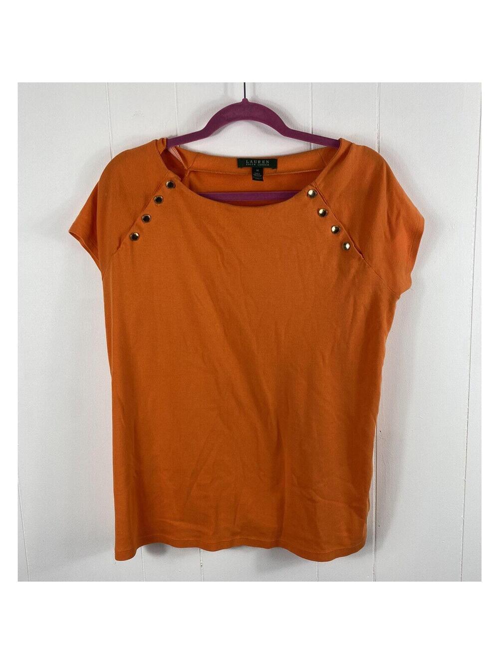 Lauren Ralph Lauren Bright Bold Orange Blouse Gold Studs 1X Summer Colorful